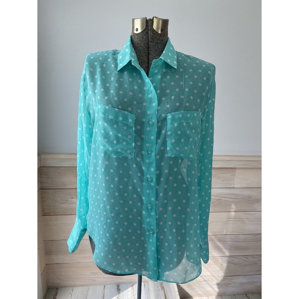 Cape Madras Women’s Medium‎ Shirt Sheer Long Sleeve Green White Polka Dots